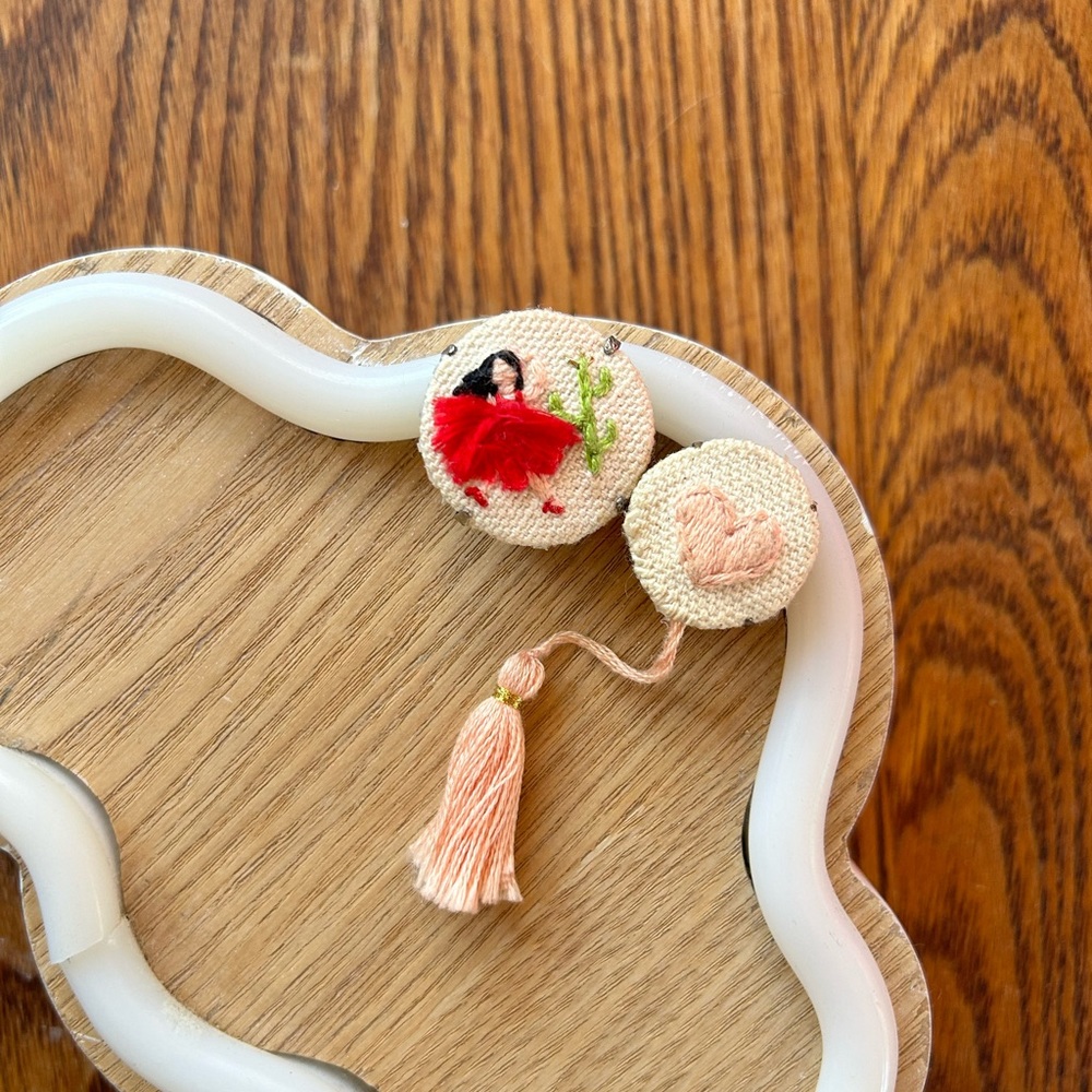 💃 Embroidered Dancer and Pink Heart Mismatched Clip-On Earrings 🩷